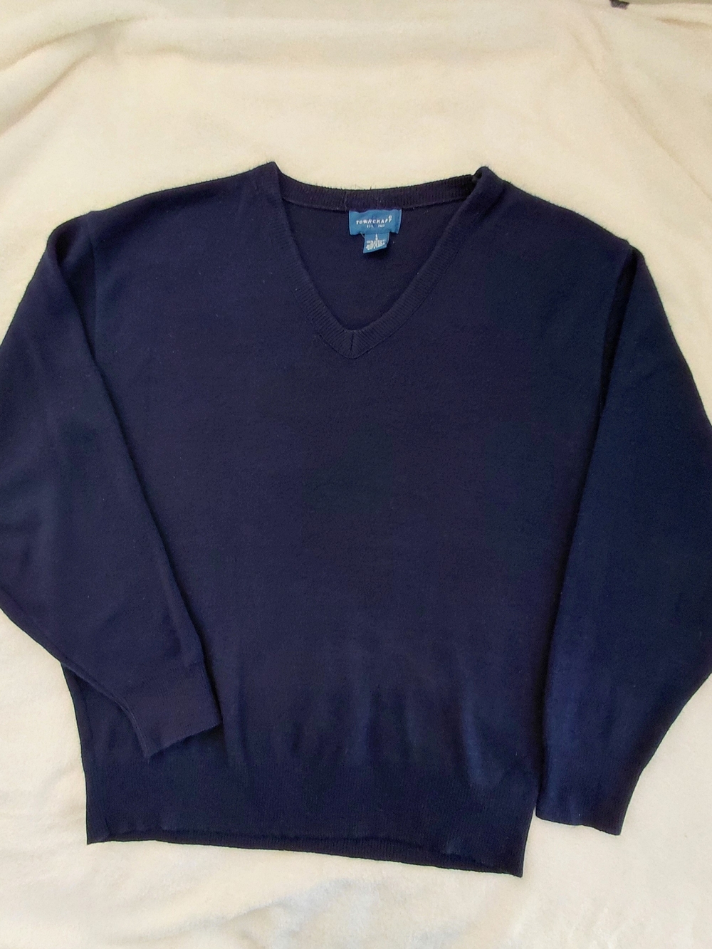 Vintage Towncraft Men's Large Navy Blue V-Neck Knit Pullover Sweater 90s Regular